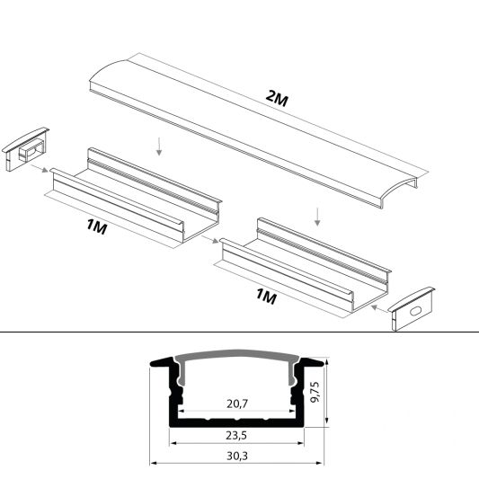 LED Streifen Profil breit Einbau niedrig 2 Meter
