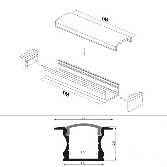 Led Streifen Profil Einbau hohes Modell- komplett mit Abschlusskappe 1,5 Meter 15mm hoch