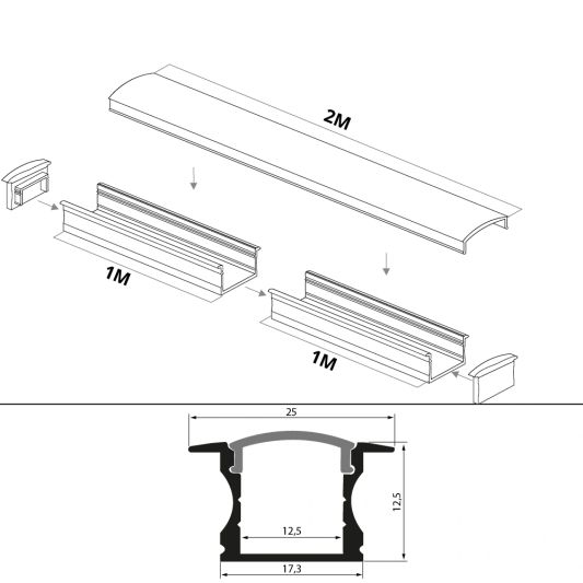 Led Streifen Profil Einbau hohes Modell- komplett mit Abschlusskappe 2 Meter 15 mm hoch