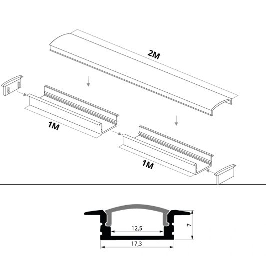 Led Streifen Profil Einbau tiefes Modell - komplett inklusiv Abschlusskappe 2 Meter 7 mm
