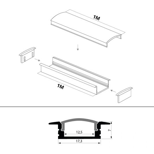 Led Streifen Profil Einbau tiefes Modell - komplett mit Abschlusskappe 1,5 Meter 7 mm hoch