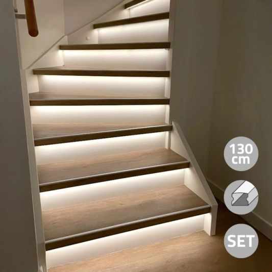 LED Treppenstufenbeleuchtung Premium - LED Streifen Set mit Profil - Hellweiß 130 cm