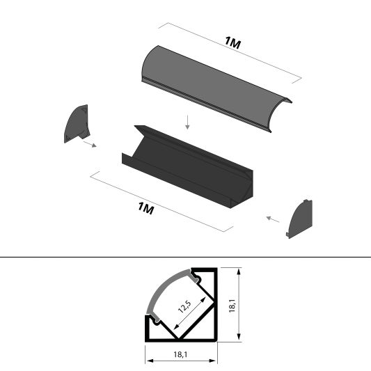 Led Streifen Eckprofil schwarz - Slim line - komplett inklusiv Abschlusskappe 1 Meter