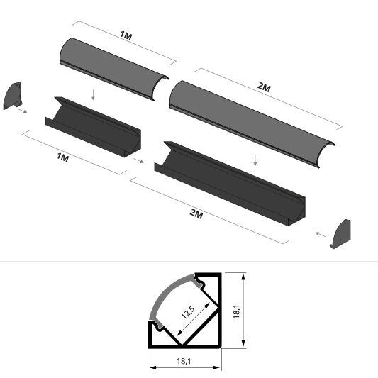 Led Streifen Eckprofil schwarz - Slim line - komplett inklusiv Abschlusskappe 2 Meter