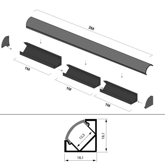 Led Streifen Eckprofil schwarz - Slim line - komplett inklusiv Abschlusskappe 3 Meter