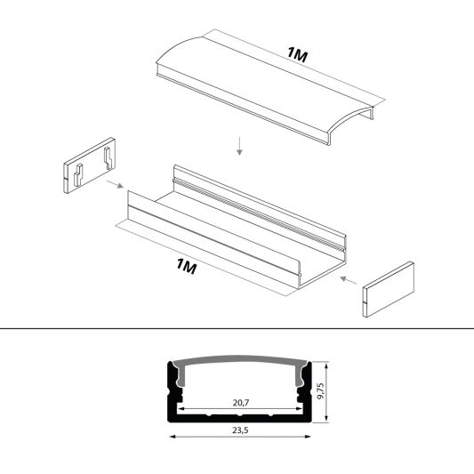 Led Streifen Profil breit Aufbau tiefes Modell - komplett mit Abschlusskappe 1,5 Meter