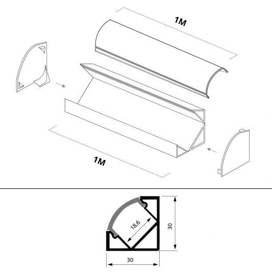 LED Streifen EckprofilBasic line - komplett inklusiv Abschlusskappe 1 Meter