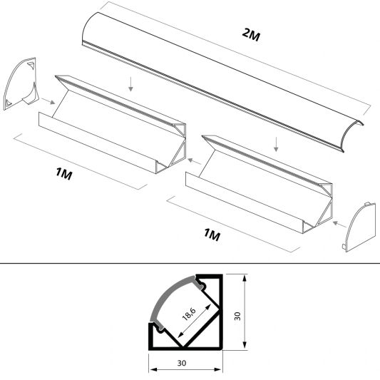 Led Streifen Profil Ecke Basic line - komplett inklusiv Abschlusskappe 2 Meter
