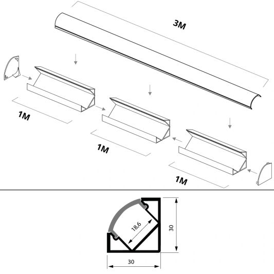 Led Streifen Profil Ecke Basic line - komplett inklusiv Abschlusskappe 3 Meter
