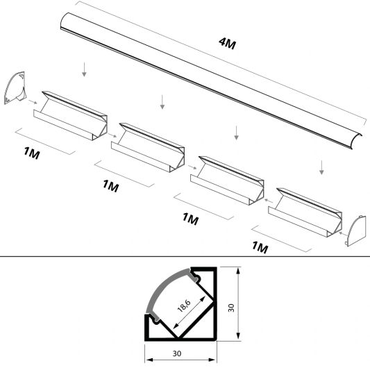 Led Streifen Profil Ecke Basic line - komplett inklusiv Abschlusskappe 4 Meter