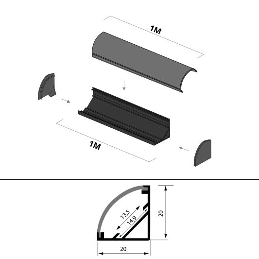 Led Streifen Profil Ecke in schwarz - Slim line - komplett inklusiv Abschlusskappe 1 Meter