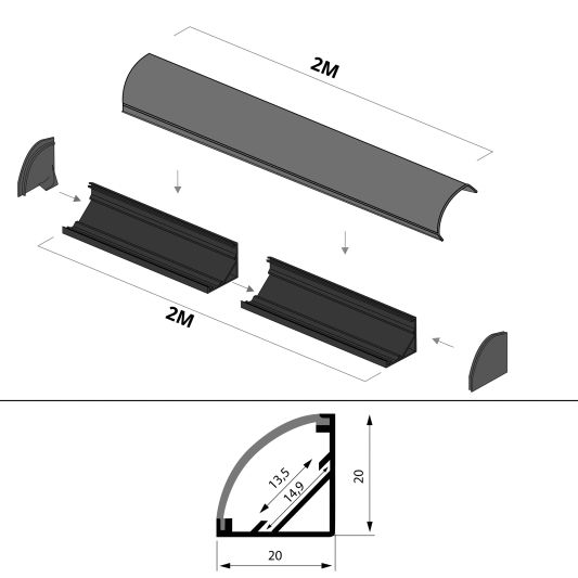 Led Streifen Profil Ecke in schwarz - Slim line - komplett inklusiv Abschlusskappe 2 Meter