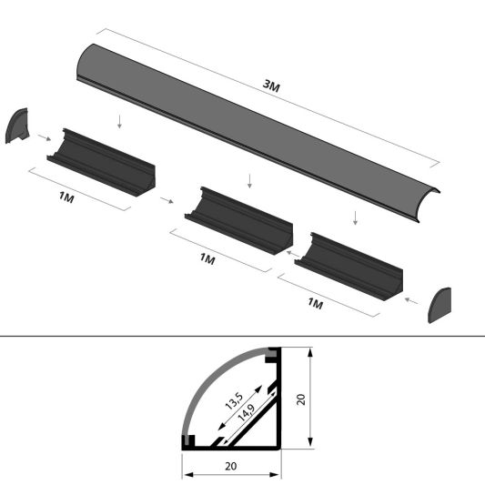 Led Streifen Profil Ecke in schwarz - Slim line - komplett inklusiv Abschlusskappe 3 Meter
