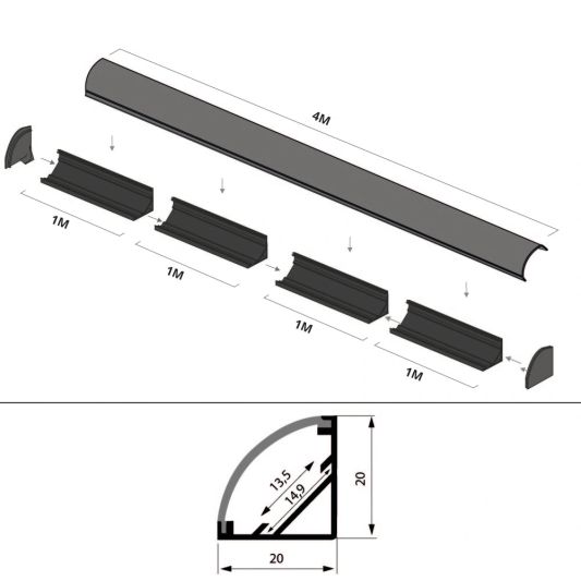 Led Streifen Profil Ecke in schwarz - Slim line - komplett inklusiv Abschlusskappe 4 Meter