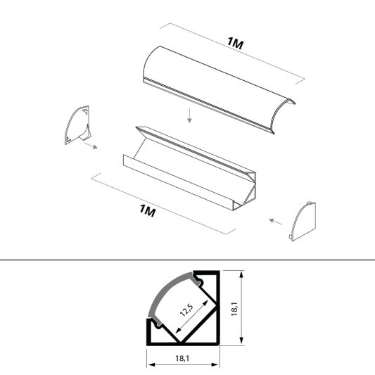 LED Streifen EckprofilSlim line - komplett inklusiv Abschlusskappe 1,5 Meter