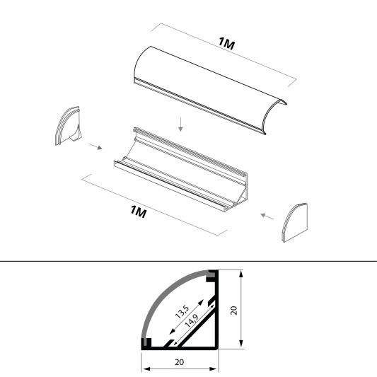LED Streifen EckprofilSlim line - komplett mit Abschlusskappe 1 Meter