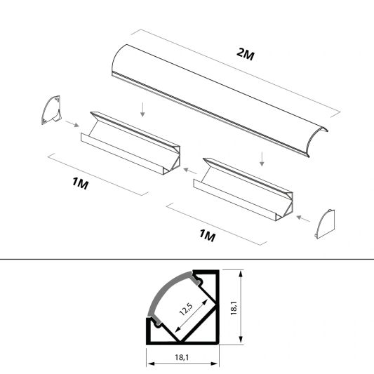 Led Streifen Profil Ecke Slim line - komplett inklusiv Abschlusskappe 2 Meter