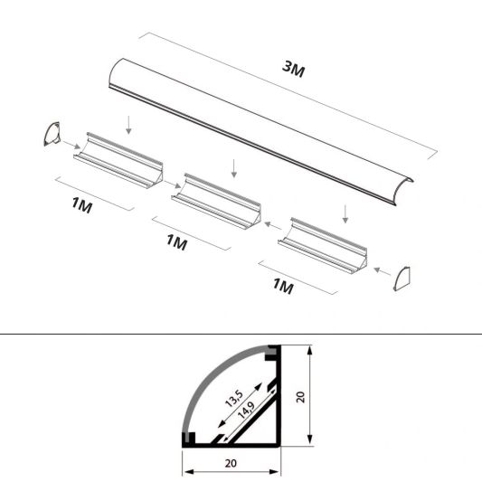 Led Streifen Profil Ecke Slim line - komplett mit Abschlusskappe 3 Meter