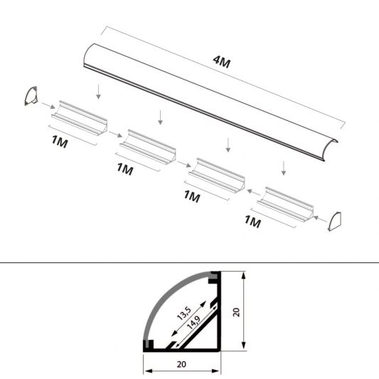 Led Streifen Profil Ecke Slim line - komplett mit Abschlusskappe 4 Meter