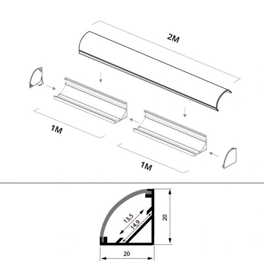 Led Streifen Profil Ecke Slim line - komplett mit Abschlusskappe 2 Meter