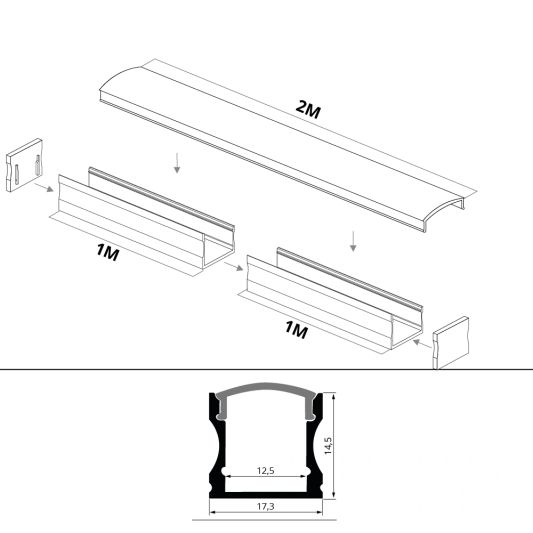 Led Streifen Profil Aufbau hohes Modell - komplett inklusiv Abschlusskappe 2 Meter 15 mm