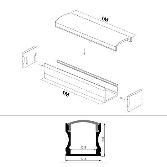 LED Streifen Aufbauprofil hohes Modell - komplett mit Abschlusskappe 1,5 Meter 15 mm hoch