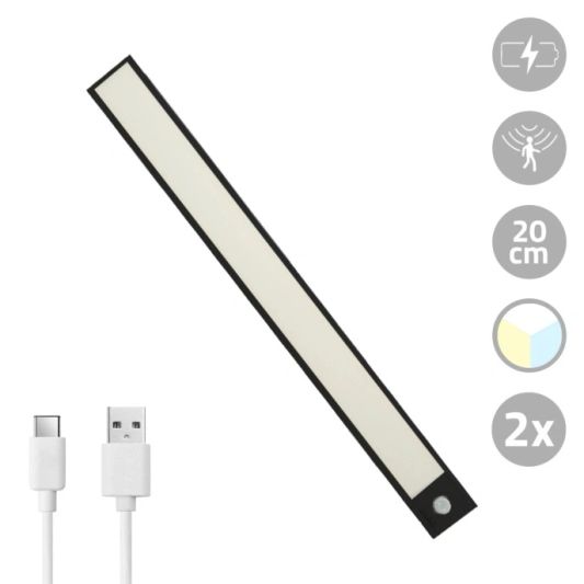 Schrankbeleuchtung mit Sensor – Dual White – 20 cm – Wiederaufladbar – Schwarz – Vorteilsset mit 2 Stück