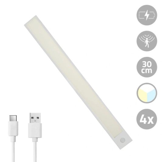 Schrankbeleuchtung mit Sensor – Dual White – 30 cm – Wiederaufladbar – Silber – Vorteilsset mit 4 Stück