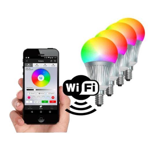 Set met 4 RGBW WIFI LED lampen 5 Watt E14