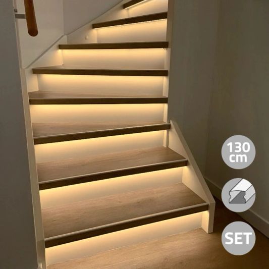 Treppenbeleuchtung LED Streifen Warmweiß 130 CM – komplettes Set inklusiv Profil