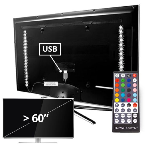 TV backlight Set mit 2 RGBWW Led Streifen für TV’s >60 inch