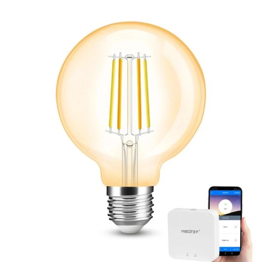Wlan Set mit Dual Weiß smart Filament Glühbirne von Milight 7W E27 Fassung - Amber G95 Modell - Mit Wlan Modul