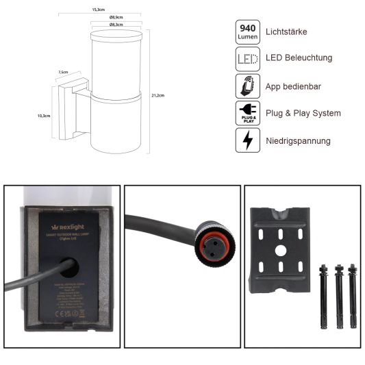 Zigbee Wandleuchte für den Außenbereich 9W - Alle Farben und Weißtöne - Rund
